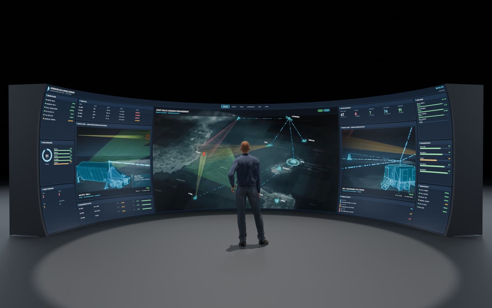 Studio render of the R14: a wide curved LED surface carrying a fabricated air-and-missile-defense common operating picture across its full width, a standing human figure at its center for scale. The display plane is 28 ft across.