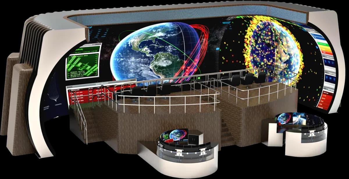 Concept render of a transitional fixture on an operations floor: a long curved LED run with a curved section returning at either end, carrying around a railed, tiered deck seating roughly a dozen people, all of them inside the same surface, with two consoles on the floor below.
