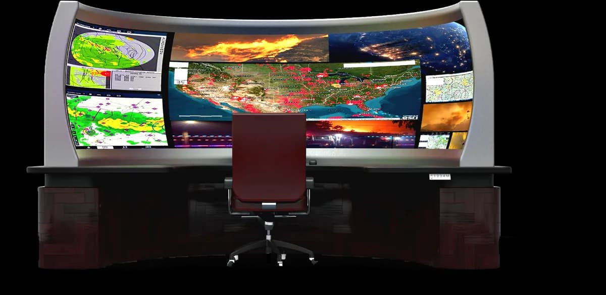 Concept render of an R5 at a single-operator desk: a curved LED surface spanning the width of the console and wrapping toward the viewer at both ends, carrying mapping, weather and live-feed panels, with one chair at the design eyepoint.